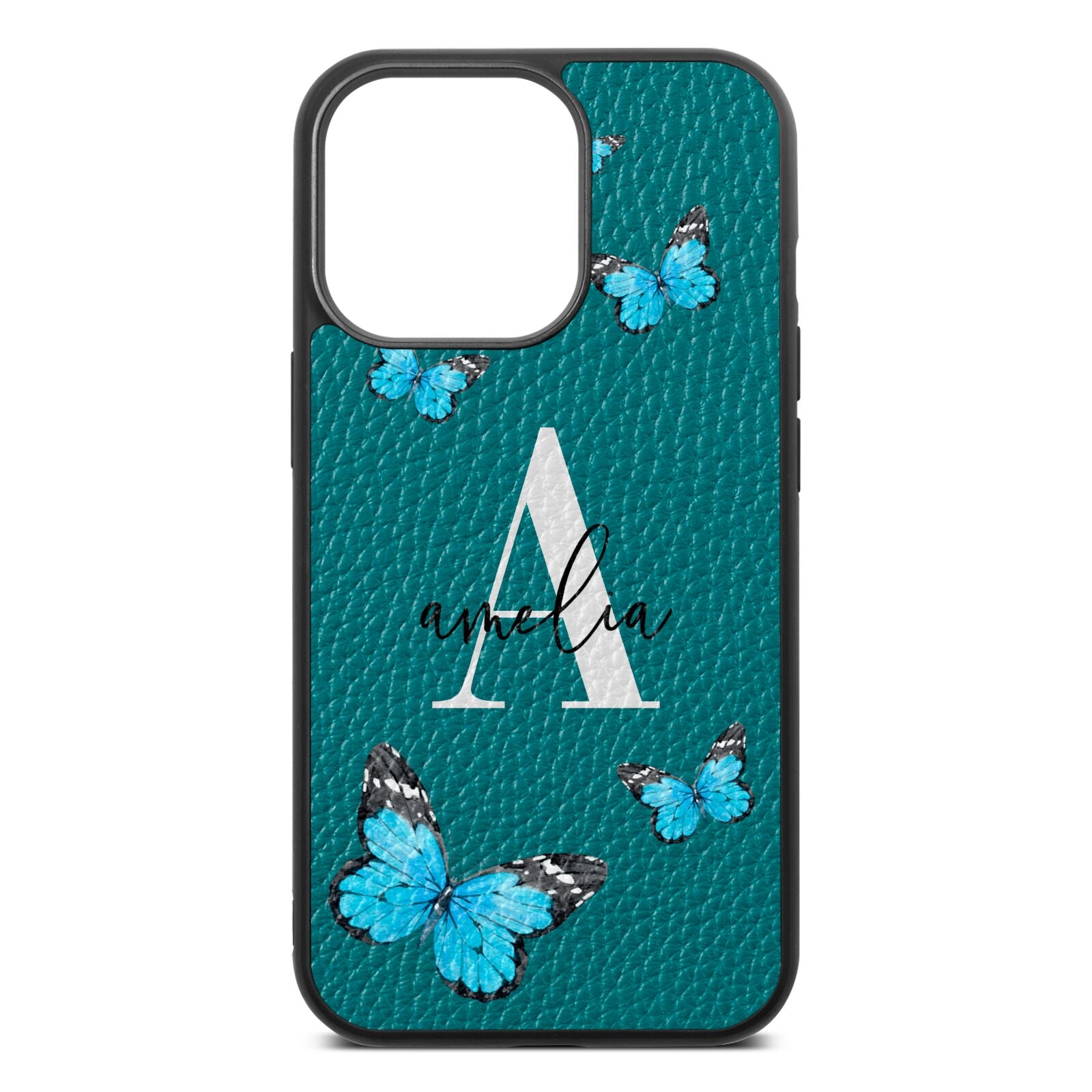 Blue Butterflies with Initial and Name Green Pebble Leather iPhone 13 Pro Case