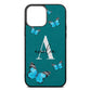 Blue Butterflies with Initial and Name Green Pebble Leather iPhone 13 Pro Max Case
