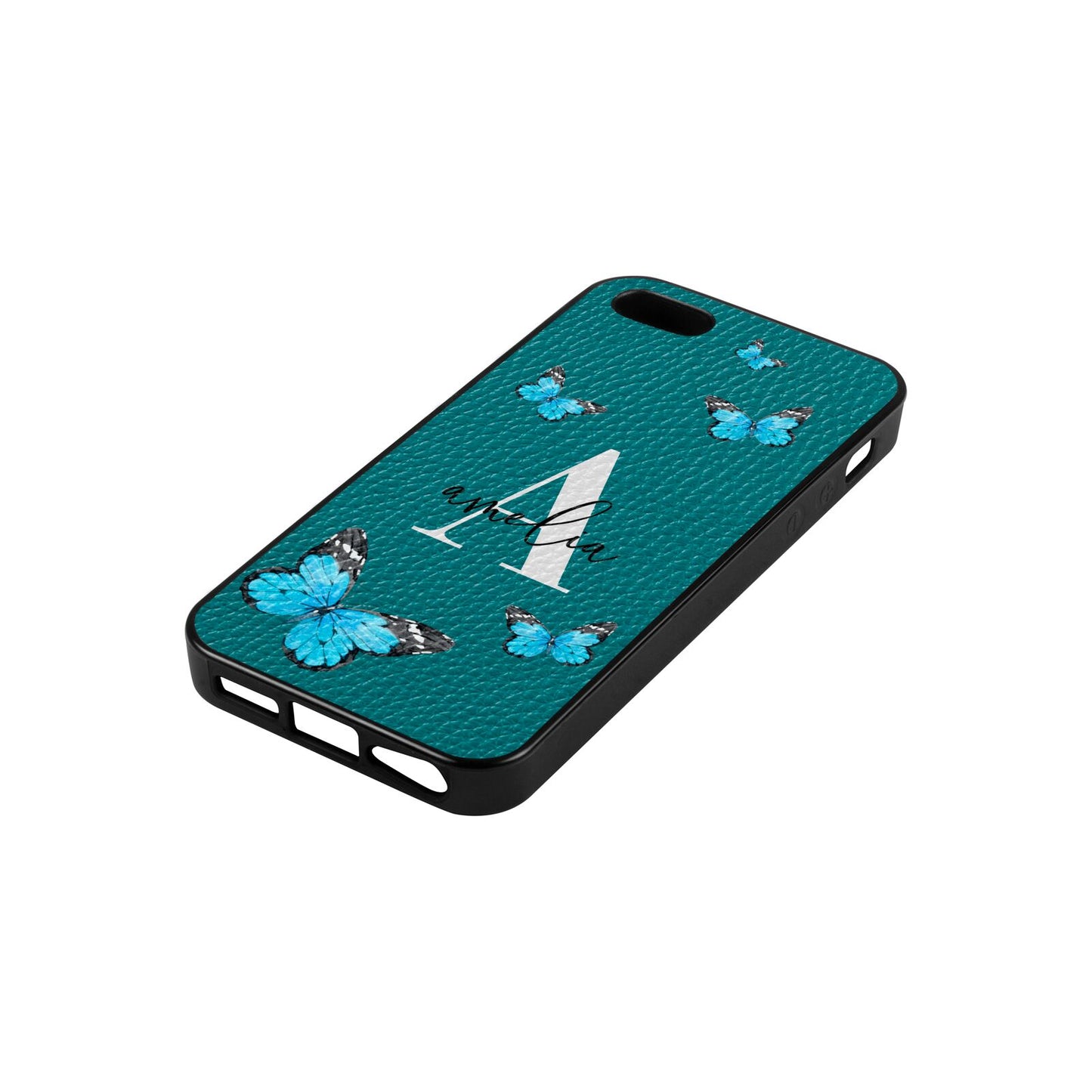 Blue Butterflies with Initial and Name Green Pebble Leather iPhone 5 Case Side Angle