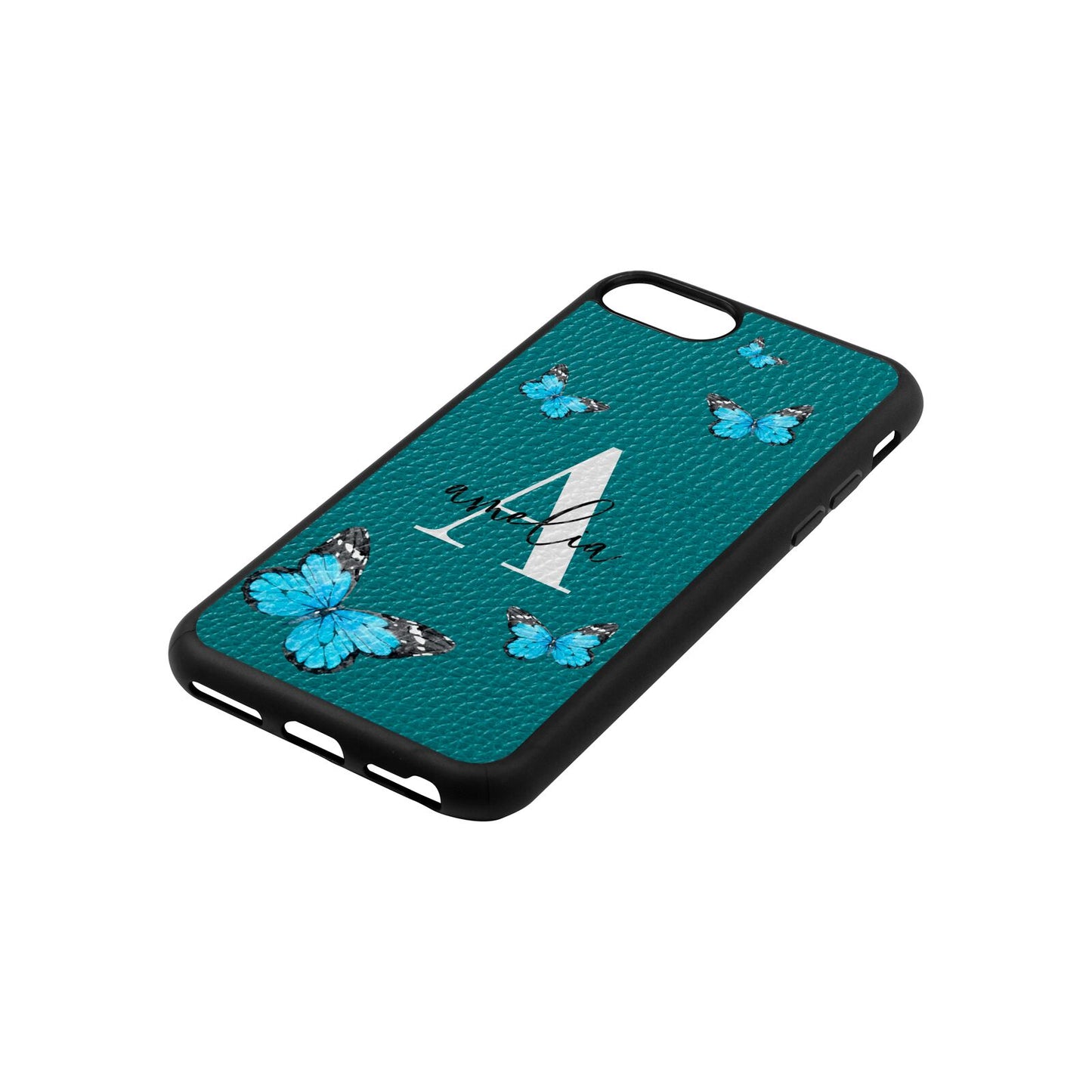 Blue Butterflies with Initial and Name Green Pebble Leather iPhone 8 Case Side Angle
