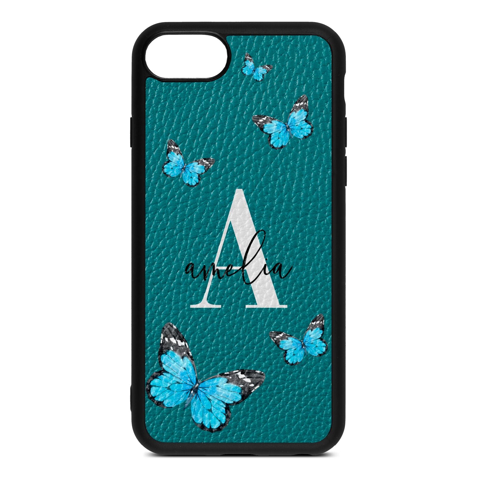 Blue Butterflies with Initial and Name Green Pebble Leather iPhone 8 Case