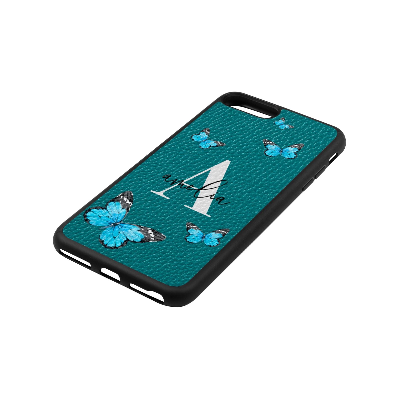 Blue Butterflies with Initial and Name Green Pebble Leather iPhone 8 Plus Case Side Angle