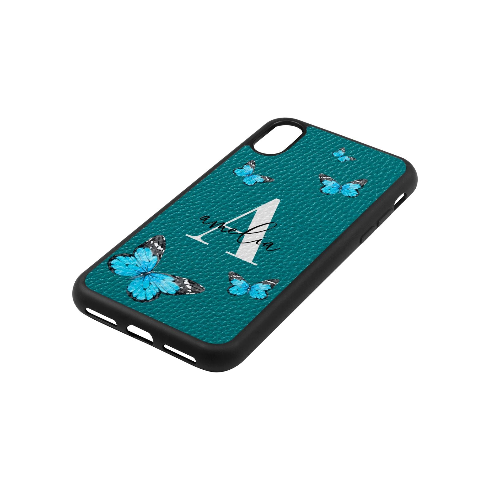 Blue Butterflies with Initial and Name Green Pebble Leather iPhone Xs Case Side Angle