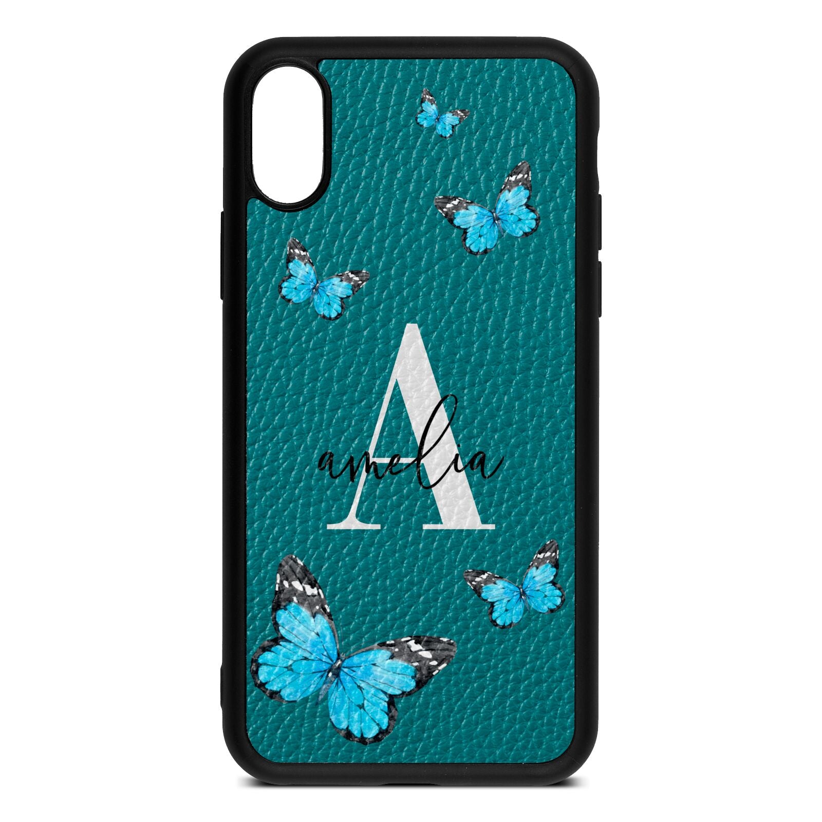 Blue Butterflies with Initial and Name Green Pebble Leather iPhone Xs Case