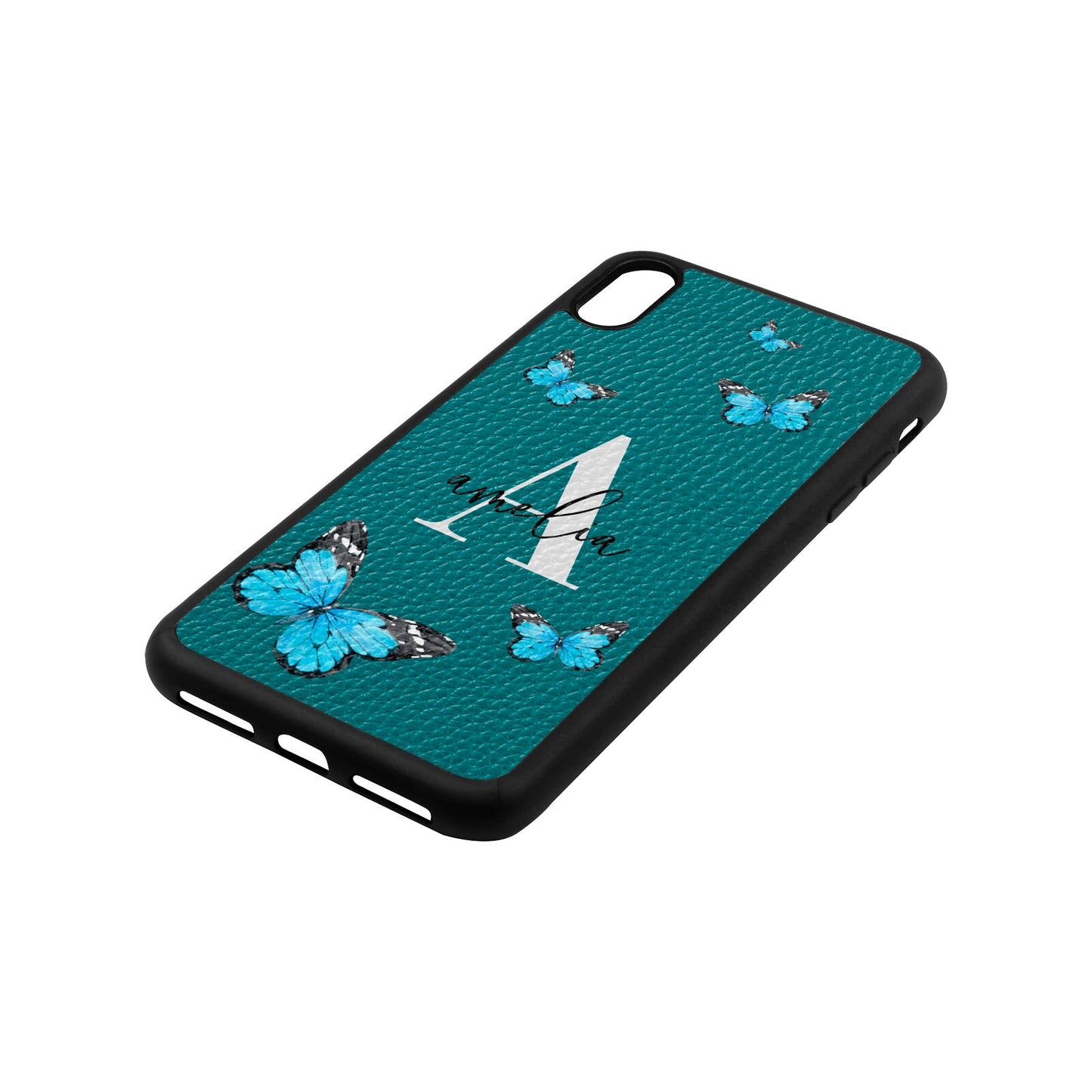 Blue Butterflies with Initial and Name Green Pebble Leather iPhone Xs Max Case Side Angle