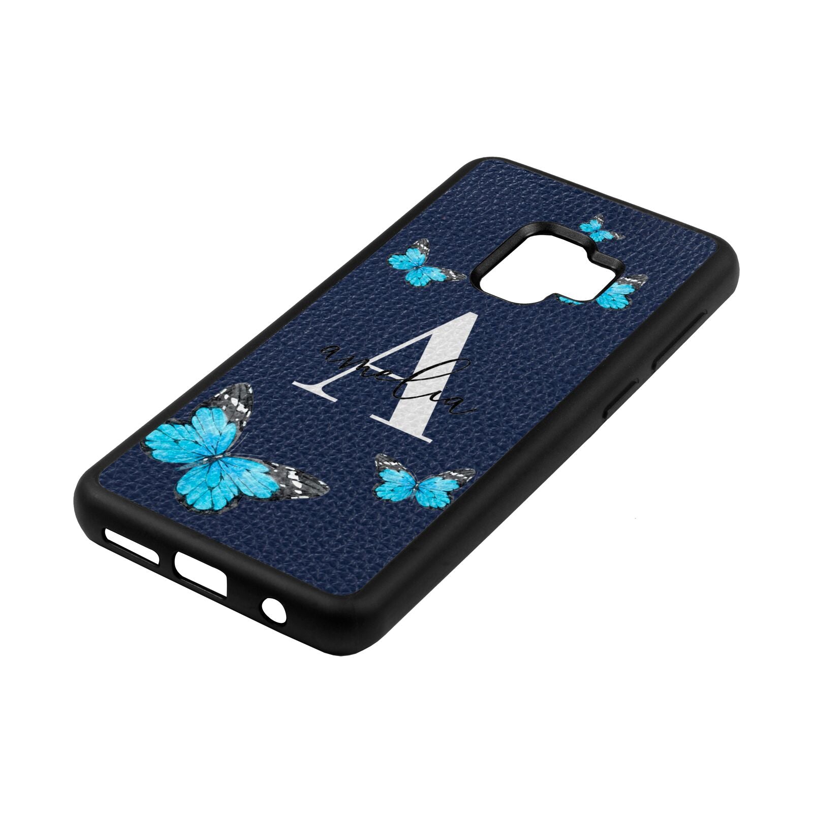 Blue Butterflies with Initial and Name Navy Blue Pebble Leather Samsung S9 Case Side Angle