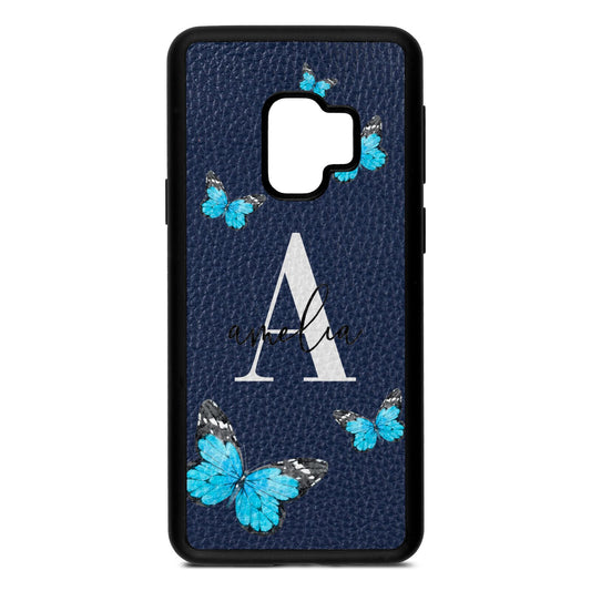 Blue Butterflies with Initial and Name Navy Blue Pebble Leather Samsung S9 Case