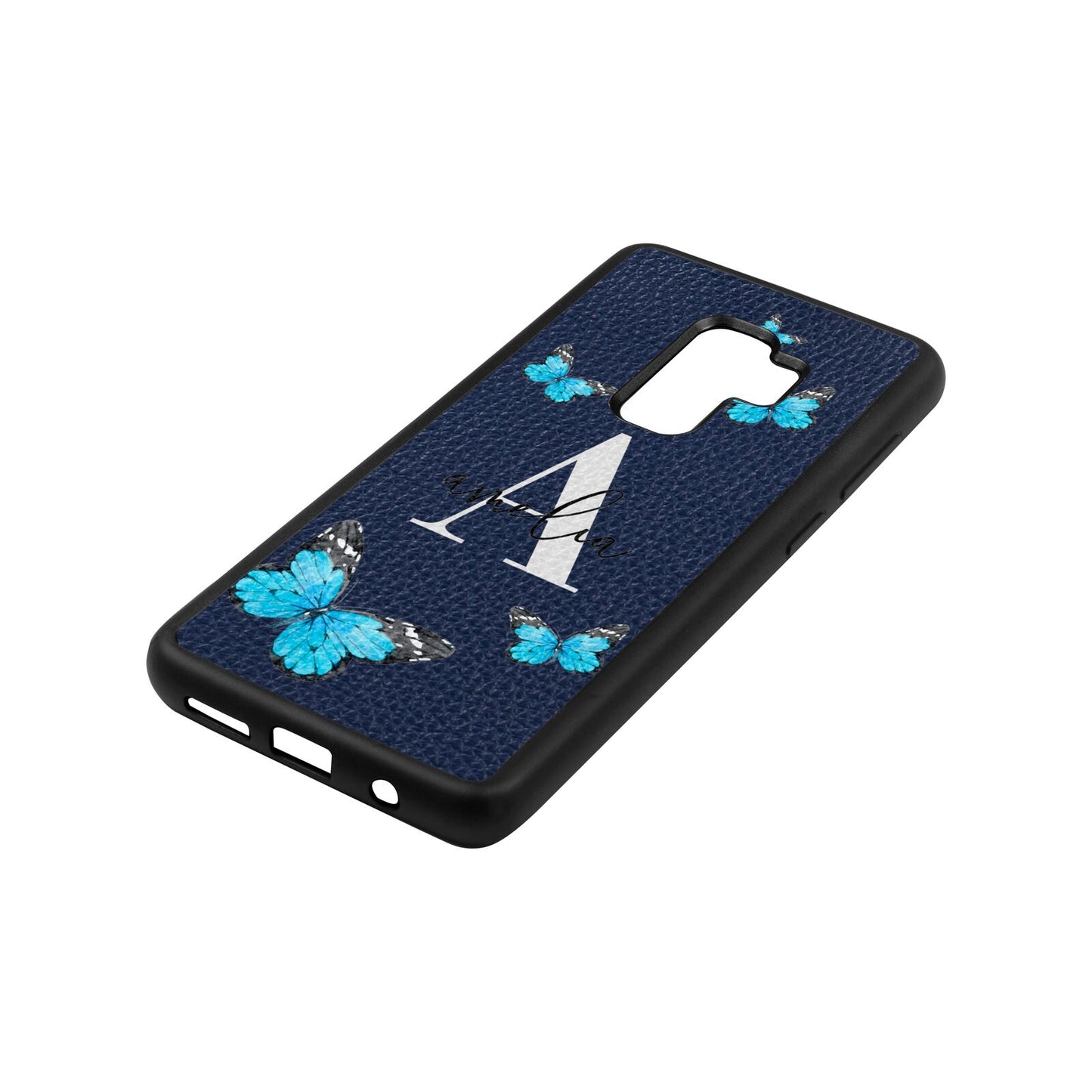 Blue Butterflies with Initial and Name Navy Blue Pebble Leather Samsung S9 Plus Case Side Angle