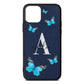 Blue Butterflies with Initial and Name Navy Blue Pebble Leather iPhone 11 Case