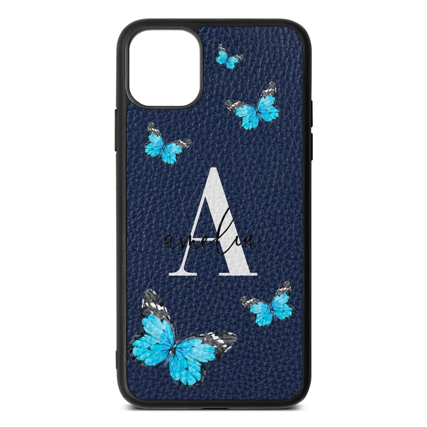 Blue Butterflies with Initial and Name Navy Blue Pebble Leather iPhone 11 Pro Max Case