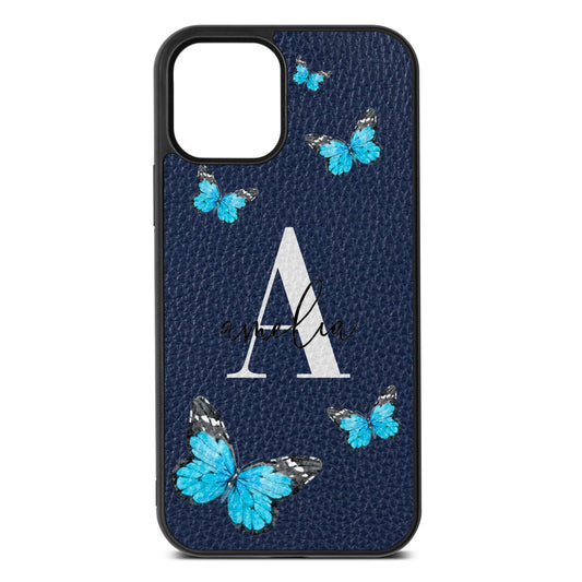 Blue Butterflies with Initial and Name Navy Blue Pebble Leather iPhone 12 Case