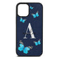 Blue Butterflies with Initial and Name Navy Blue Pebble Leather iPhone 12 Mini Case