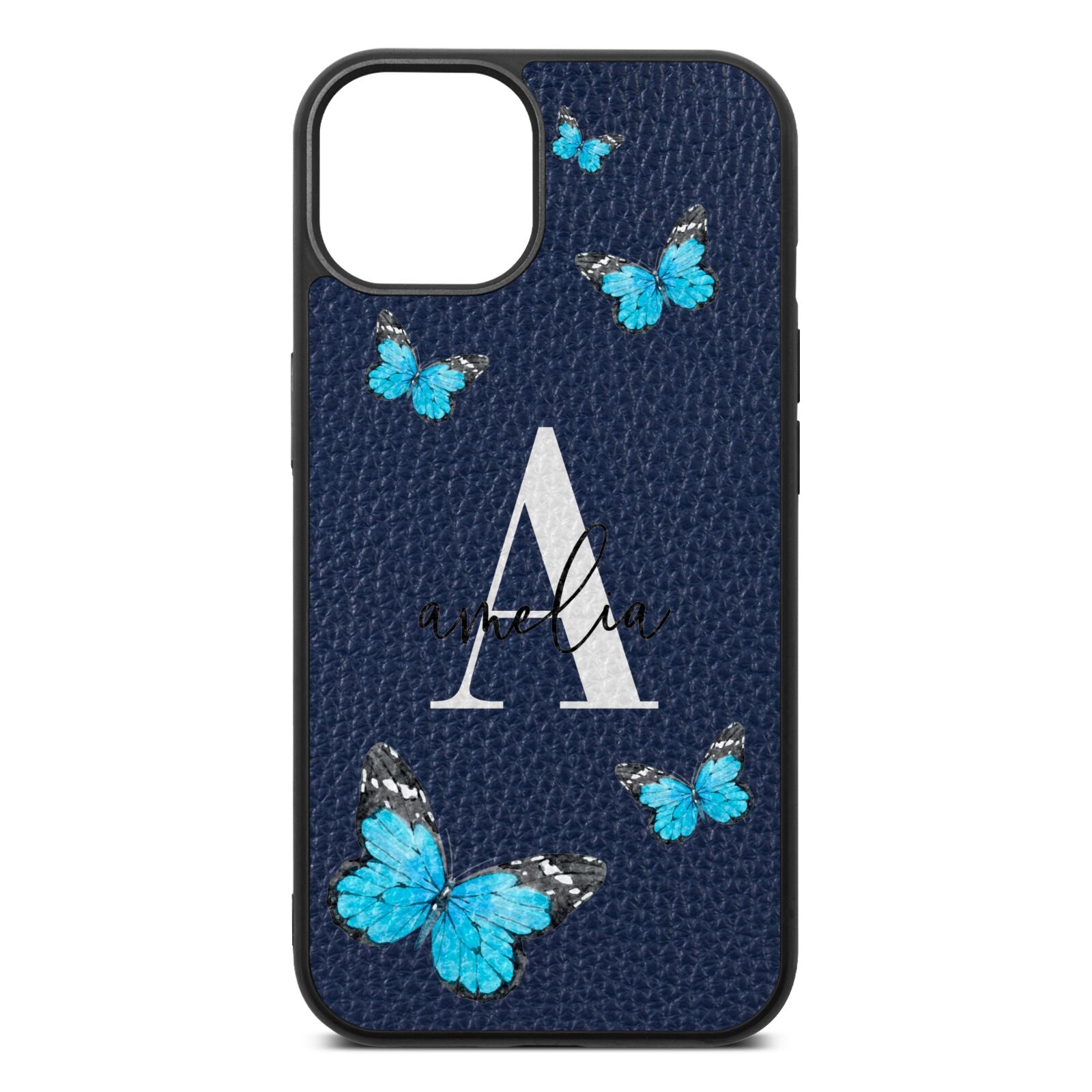 Blue Butterflies with Initial and Name Navy Blue Pebble Leather iPhone 13 Case