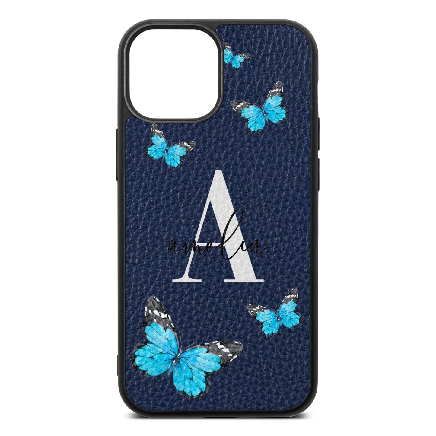 Blue Butterflies with Initial and Name Navy Blue Pebble Leather iPhone 13 Mini Case