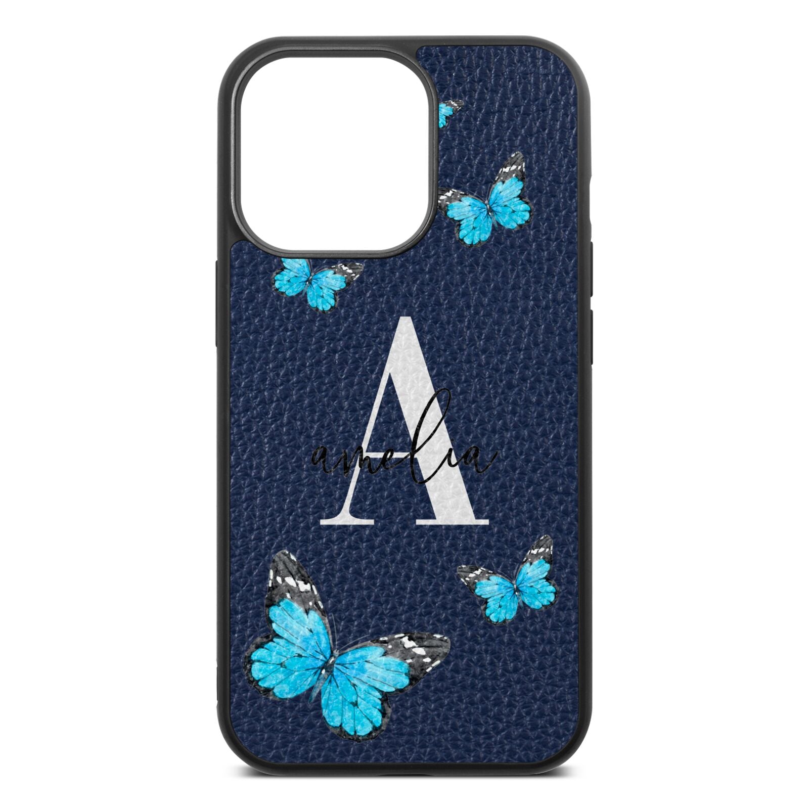 Blue Butterflies with Initial and Name Navy Blue Pebble Leather iPhone 13 Pro Case