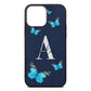 Blue Butterflies with Initial and Name Navy Blue Pebble Leather iPhone 13 Pro Max Case