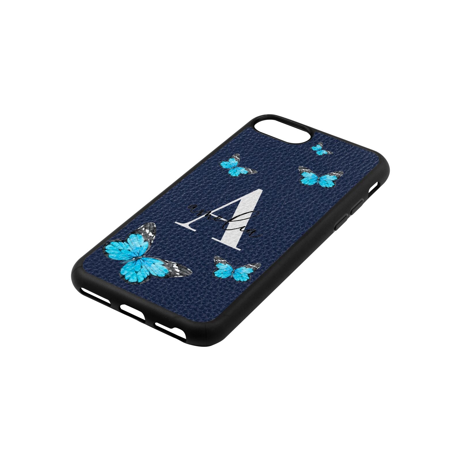 Blue Butterflies with Initial and Name Navy Blue Pebble Leather iPhone 8 Case Side Angle
