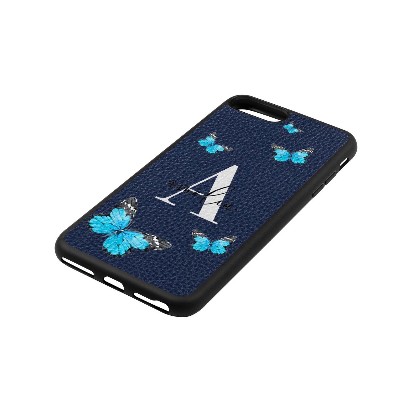 Blue Butterflies with Initial and Name Navy Blue Pebble Leather iPhone 8 Plus Case Side Angle