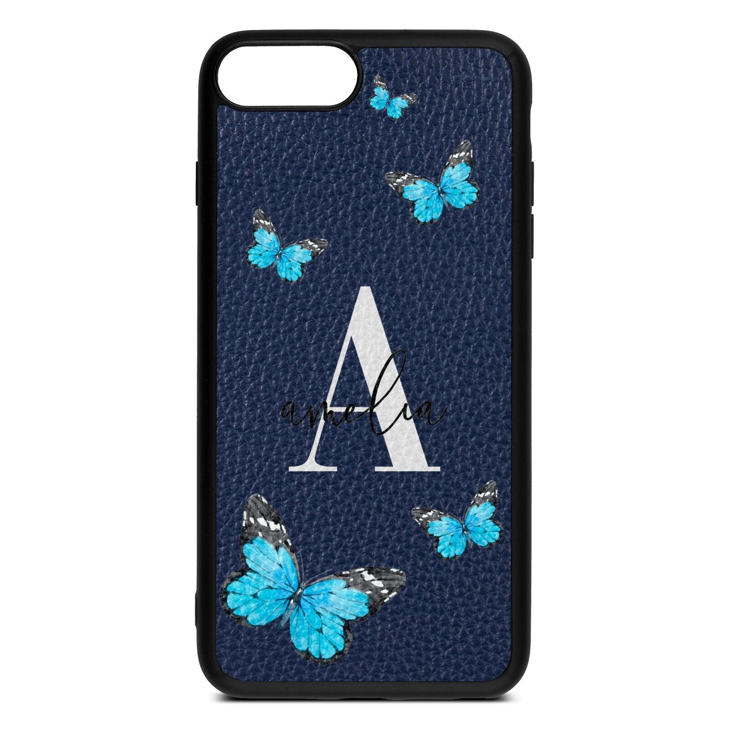Blue Butterflies with Initial and Name Navy Blue Pebble Leather iPhone 8 Plus Case