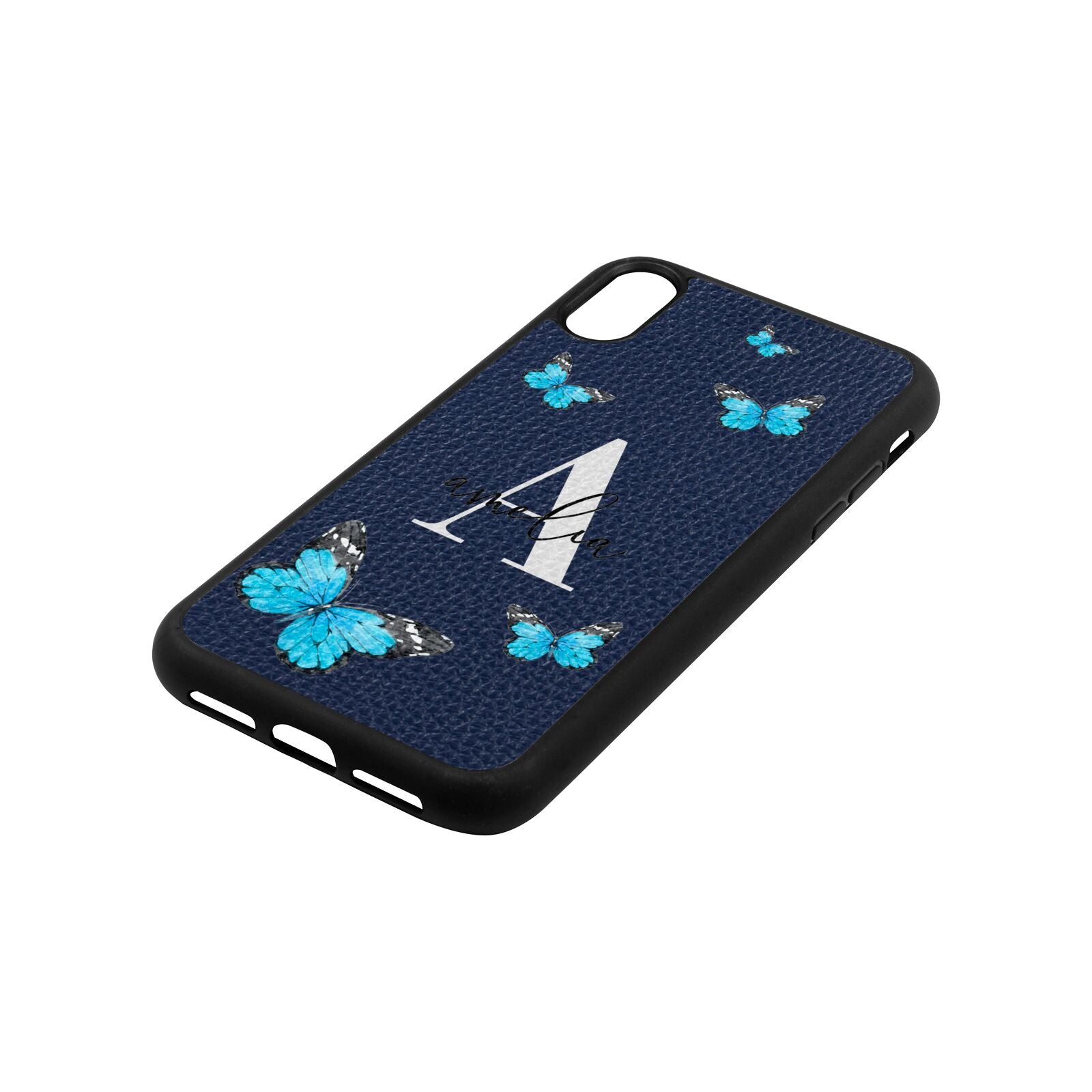 Blue Butterflies with Initial and Name Navy Blue Pebble Leather iPhone Xr Case Side Angle