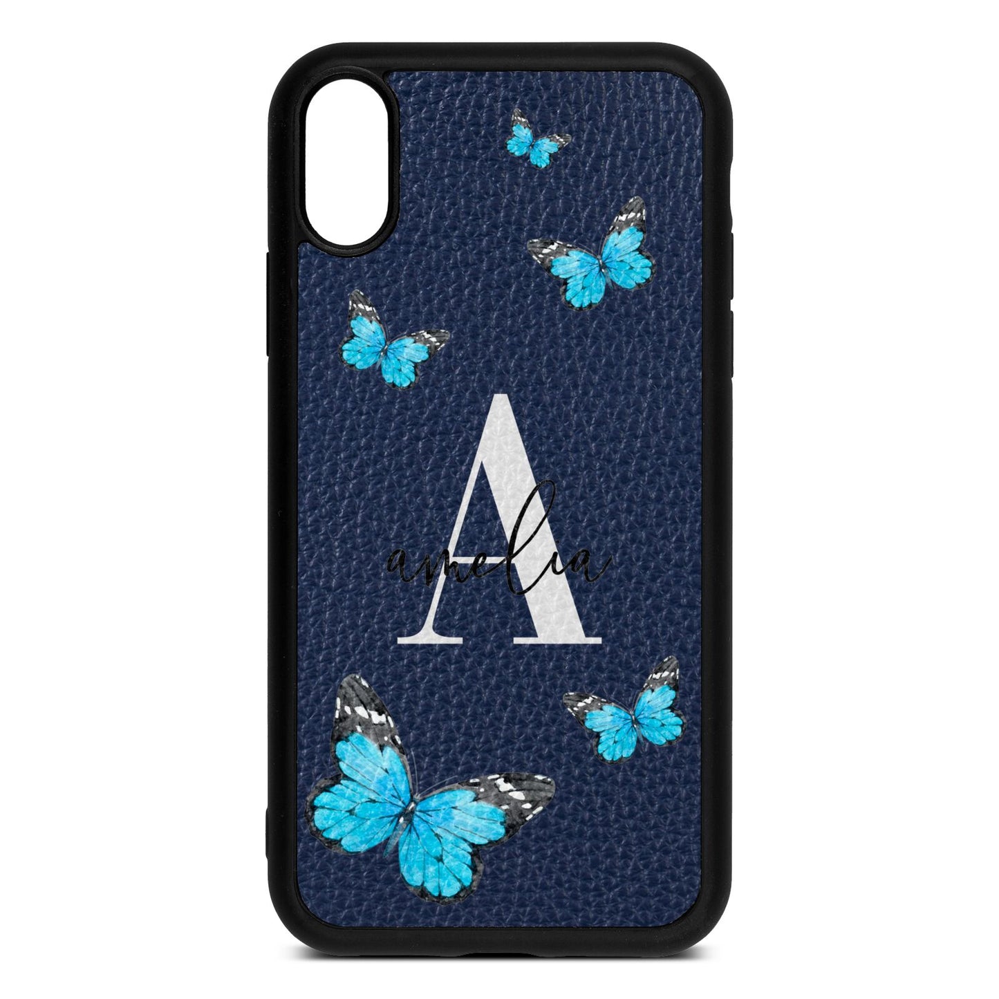 Blue Butterflies with Initial and Name Navy Blue Pebble Leather iPhone Xr Case