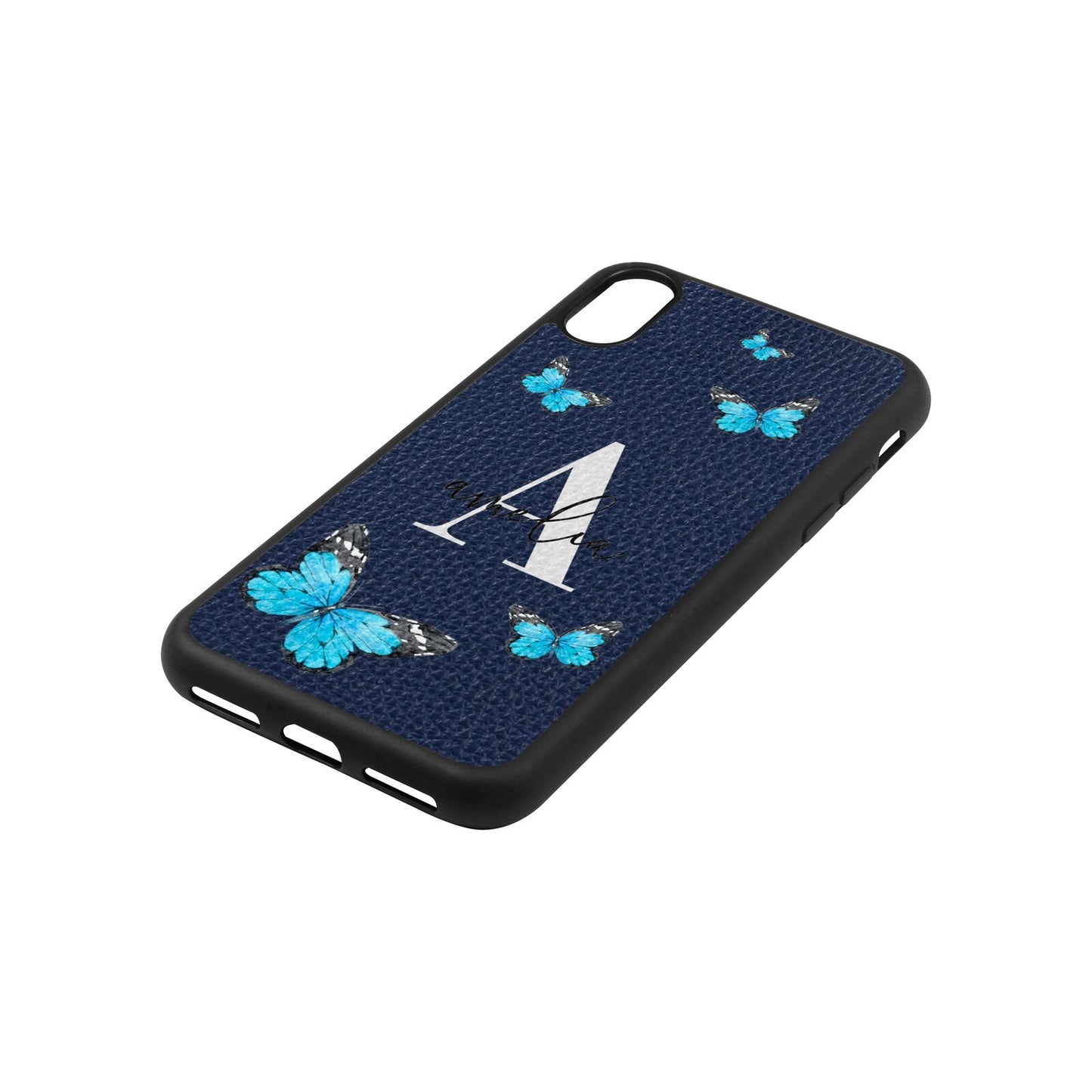 Blue Butterflies with Initial and Name Navy Blue Pebble Leather iPhone Xs Case Side Image