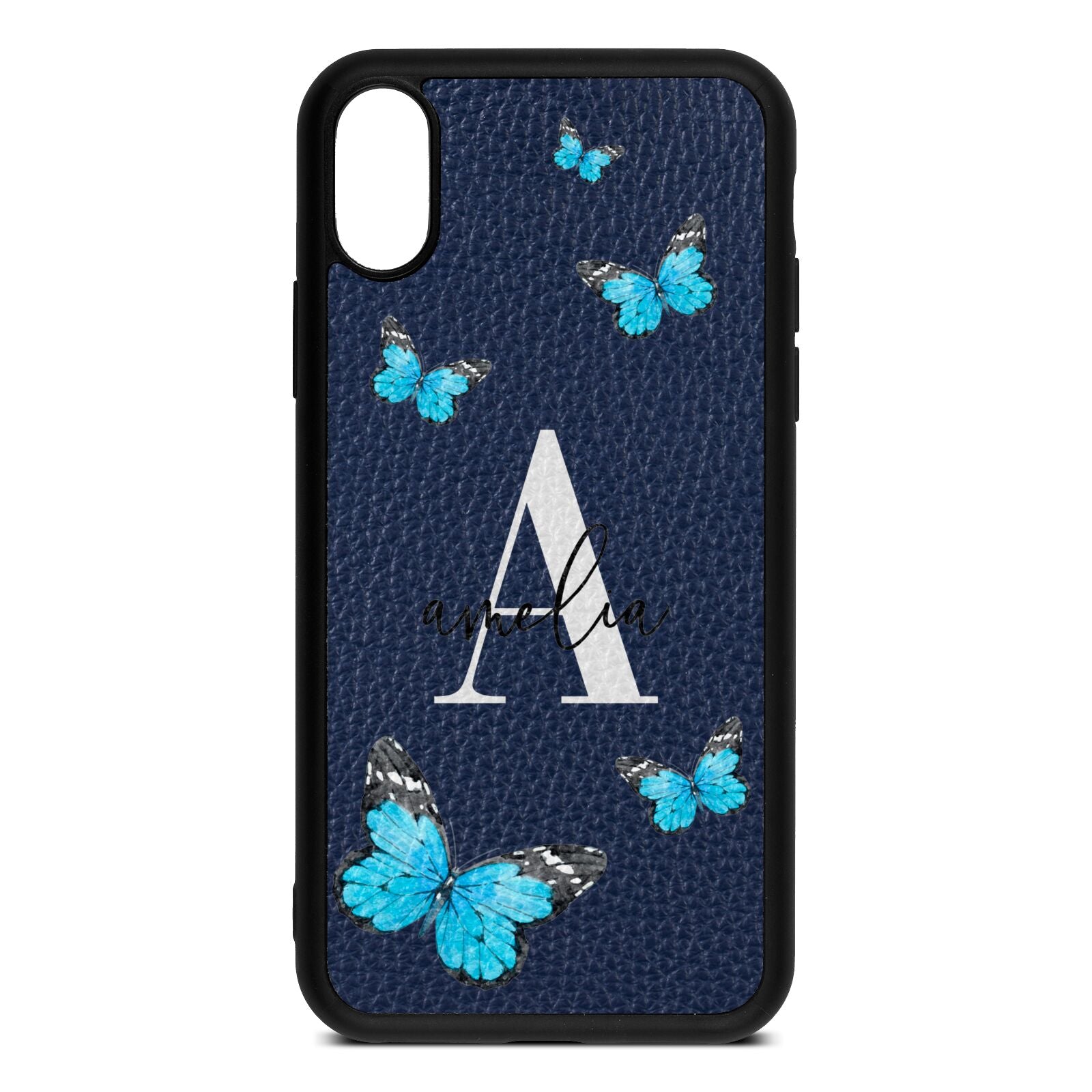 Blue Butterflies with Initial and Name Navy Blue Pebble Leather iPhone Xs Case