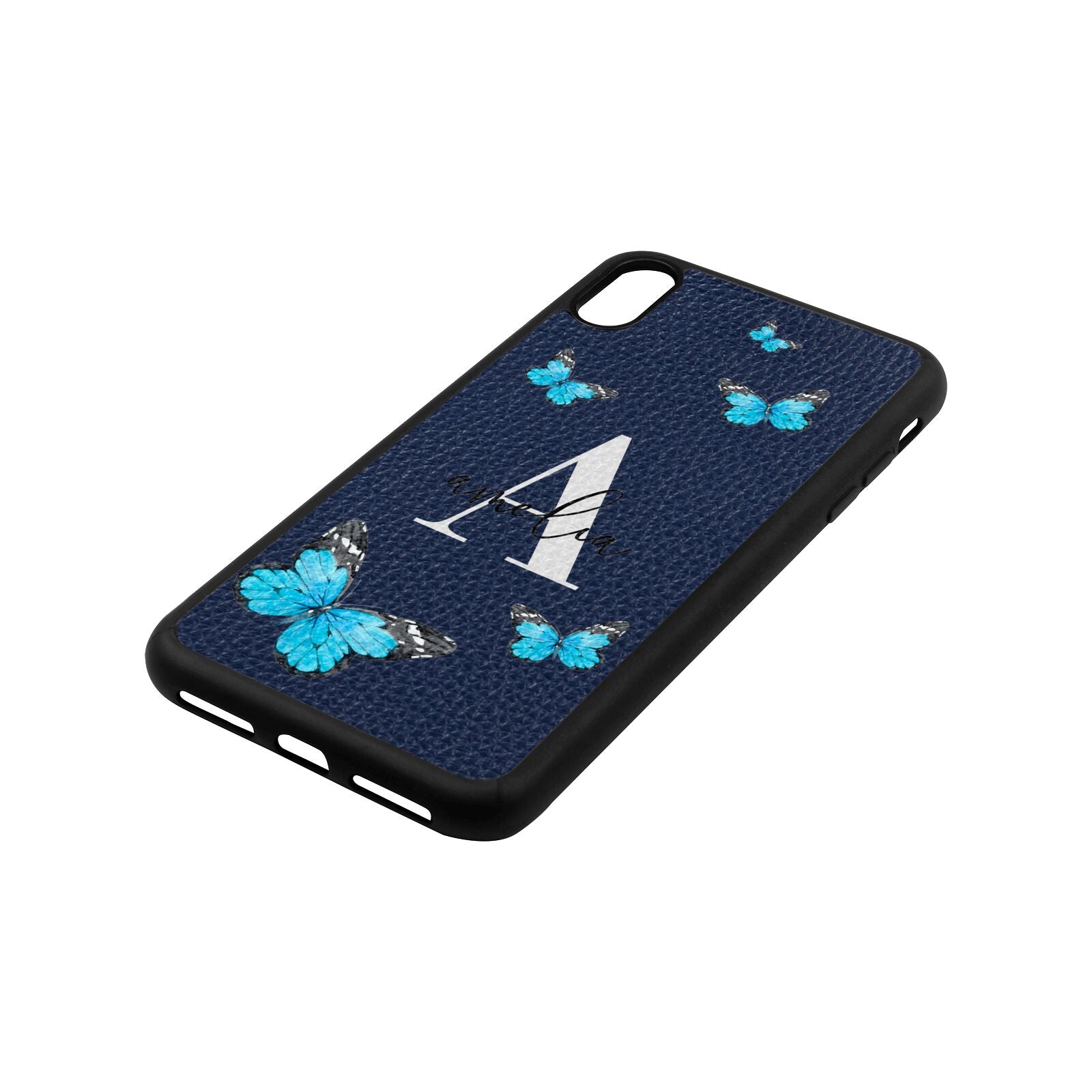 Blue Butterflies with Initial and Name Navy Blue Pebble Leather iPhone Xs Max Case Side Image