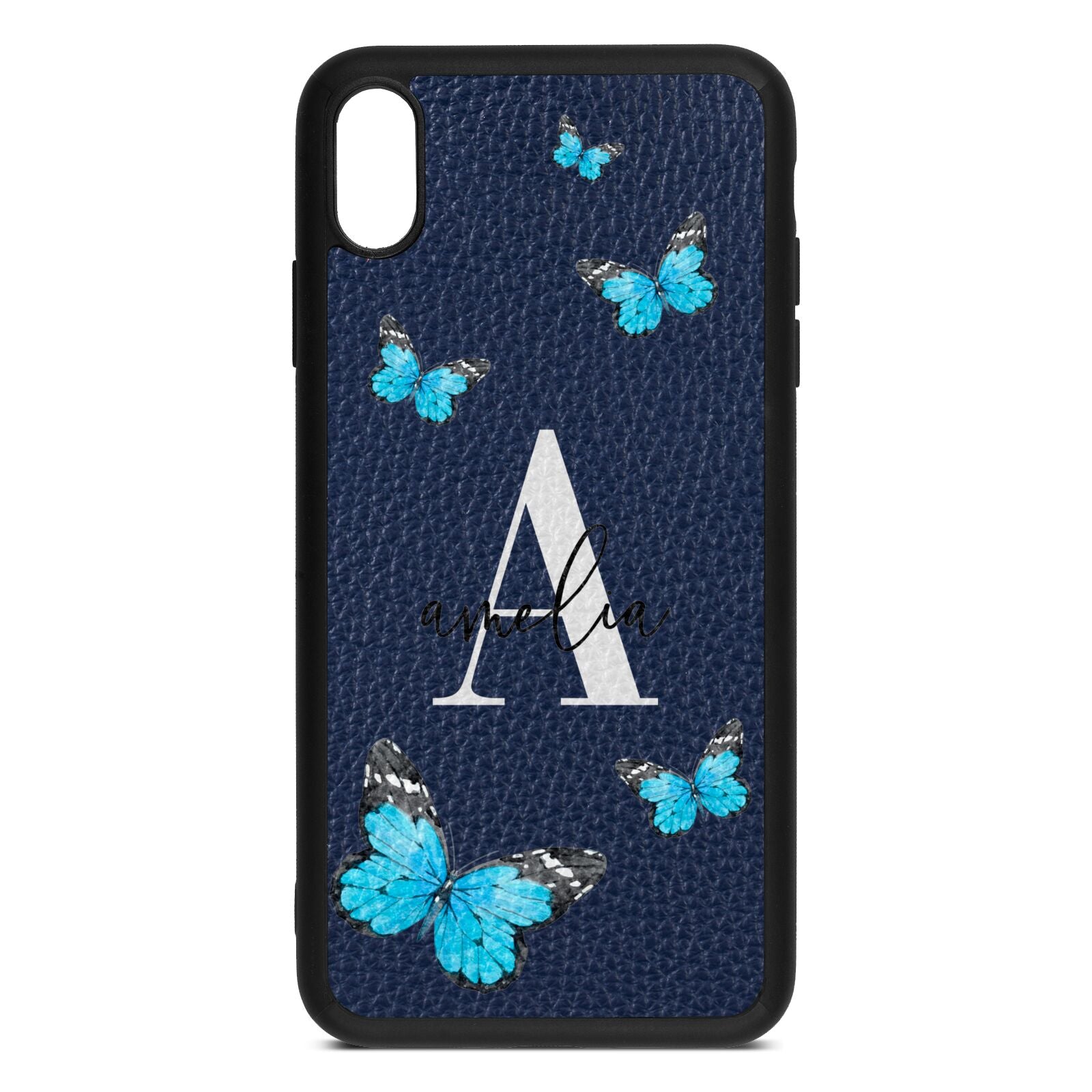 Blue Butterflies with Initial and Name Navy Blue Pebble Leather iPhone Xs Max Case