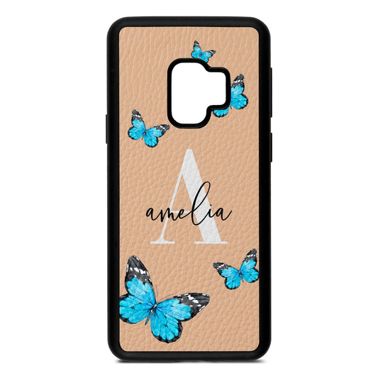 Blue Butterflies with Initial and Name Nude Pebble Leather Samsung S9 Case