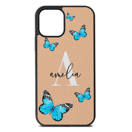 Blue Butterflies with Initial and Name Nude Pebble Leather iPhone 12 Case