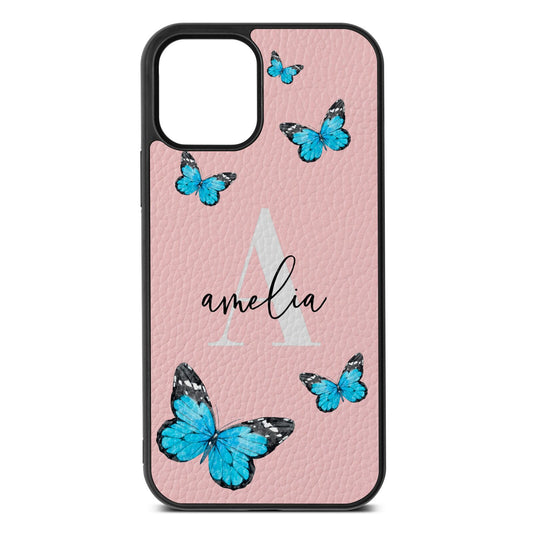 Blue Butterflies with Initial and Name Pink Pebble Leather iPhone 12 Case