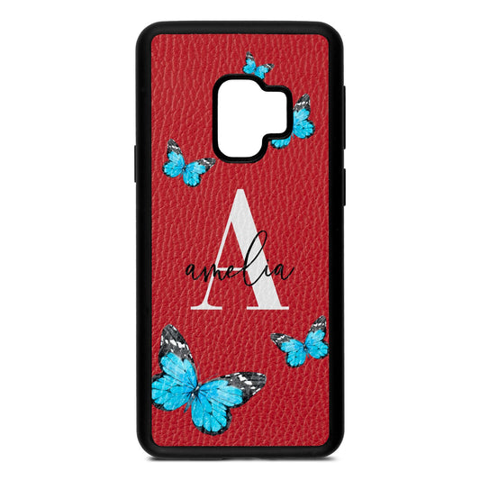 Blue Butterflies with Initial and Name Red Pebble Leather Samsung S9 Case
