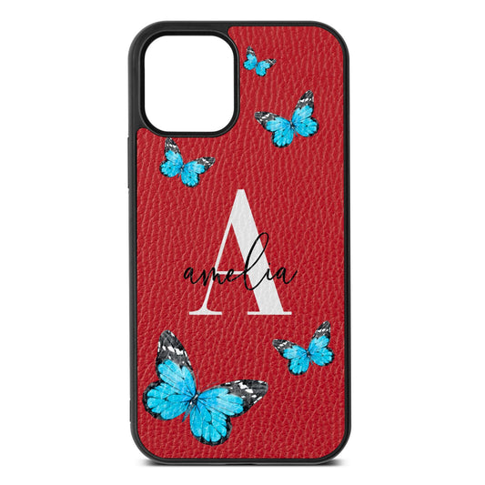 Blue Butterflies with Initial and Name Red Pebble Leather iPhone 12 Case