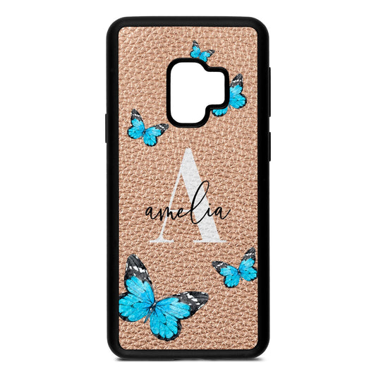 Blue Butterflies with Initial and Name Rose Gold Pebble Leather Samsung S9 Case