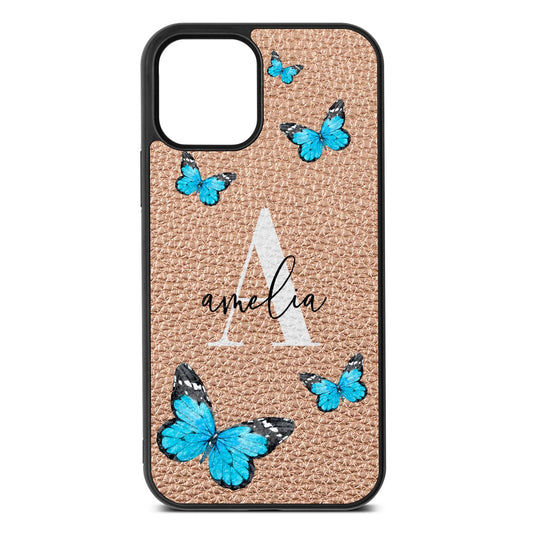 Blue Butterflies with Initial and Name Rose Gold Pebble Leather iPhone 12 Case