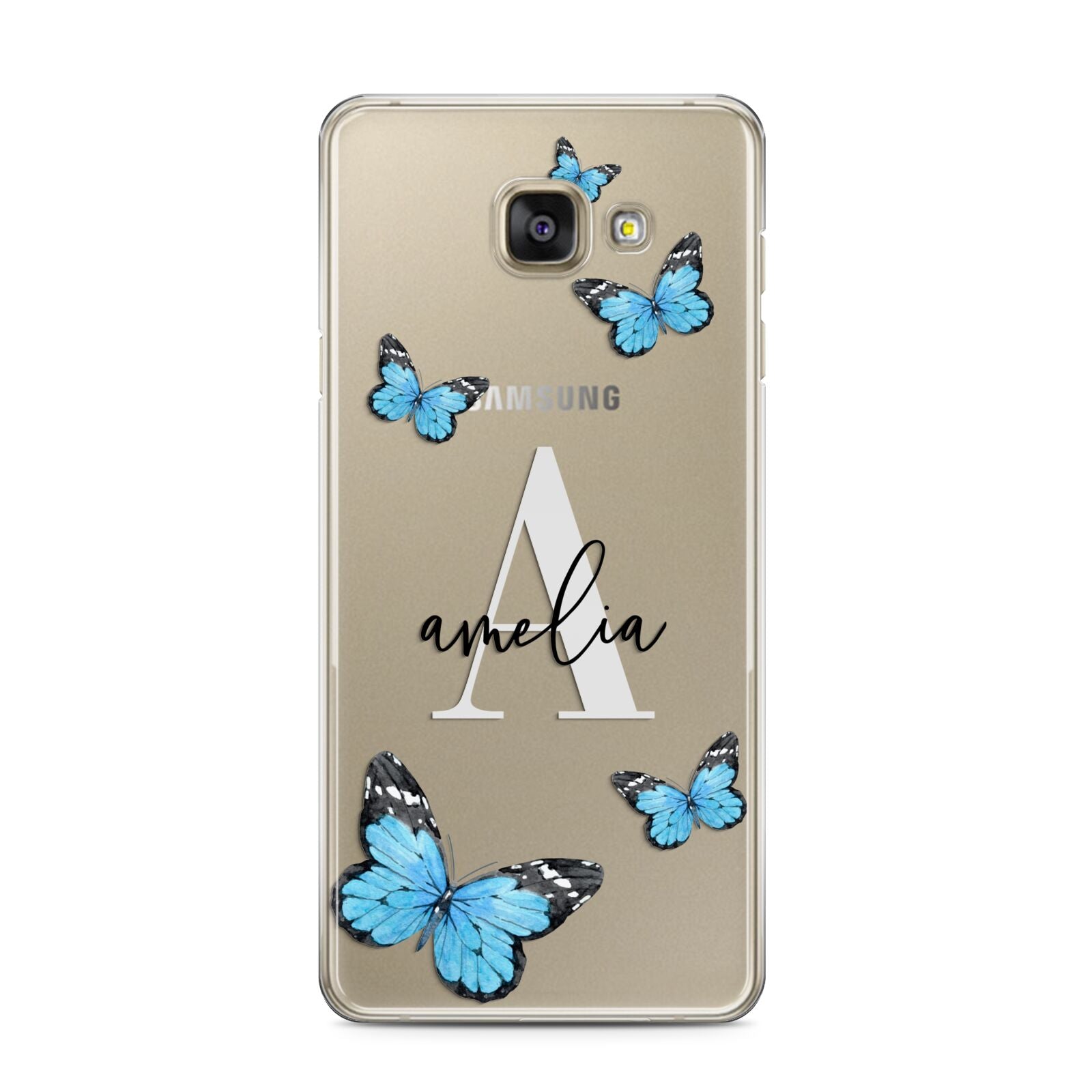 Blue Butterflies with Initial and Name Samsung Galaxy A3 2016 Case on gold phone
