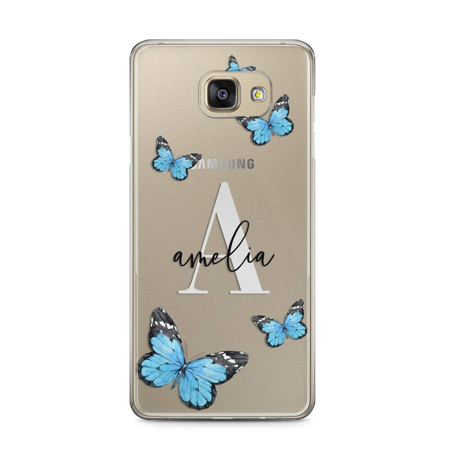 Blue Butterflies with Initial and Name Samsung Galaxy A5 2016 Case on gold phone