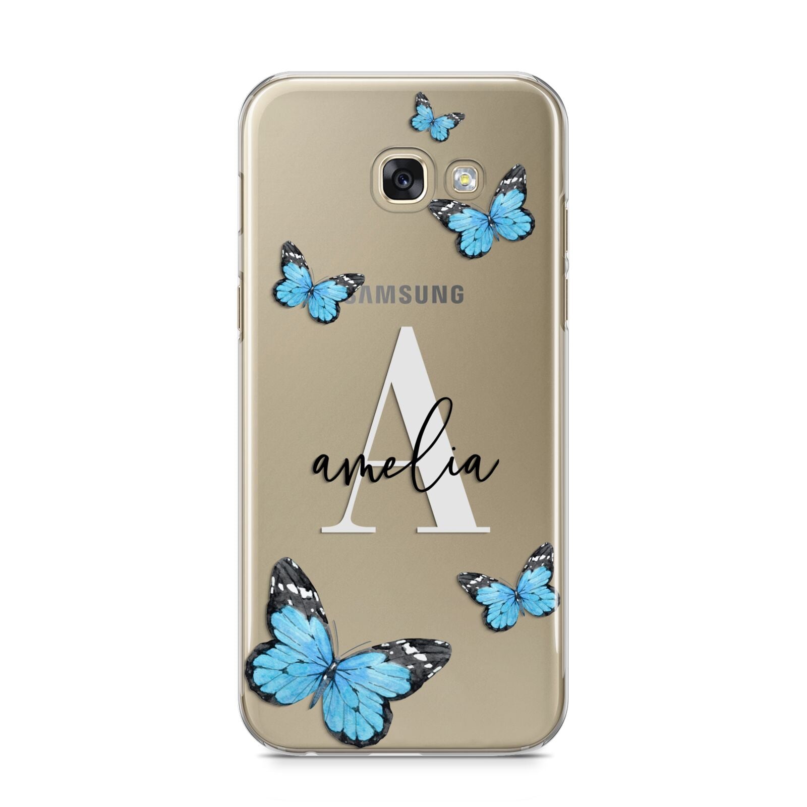 Blue Butterflies with Initial and Name Samsung Galaxy A5 2017 Case on gold phone