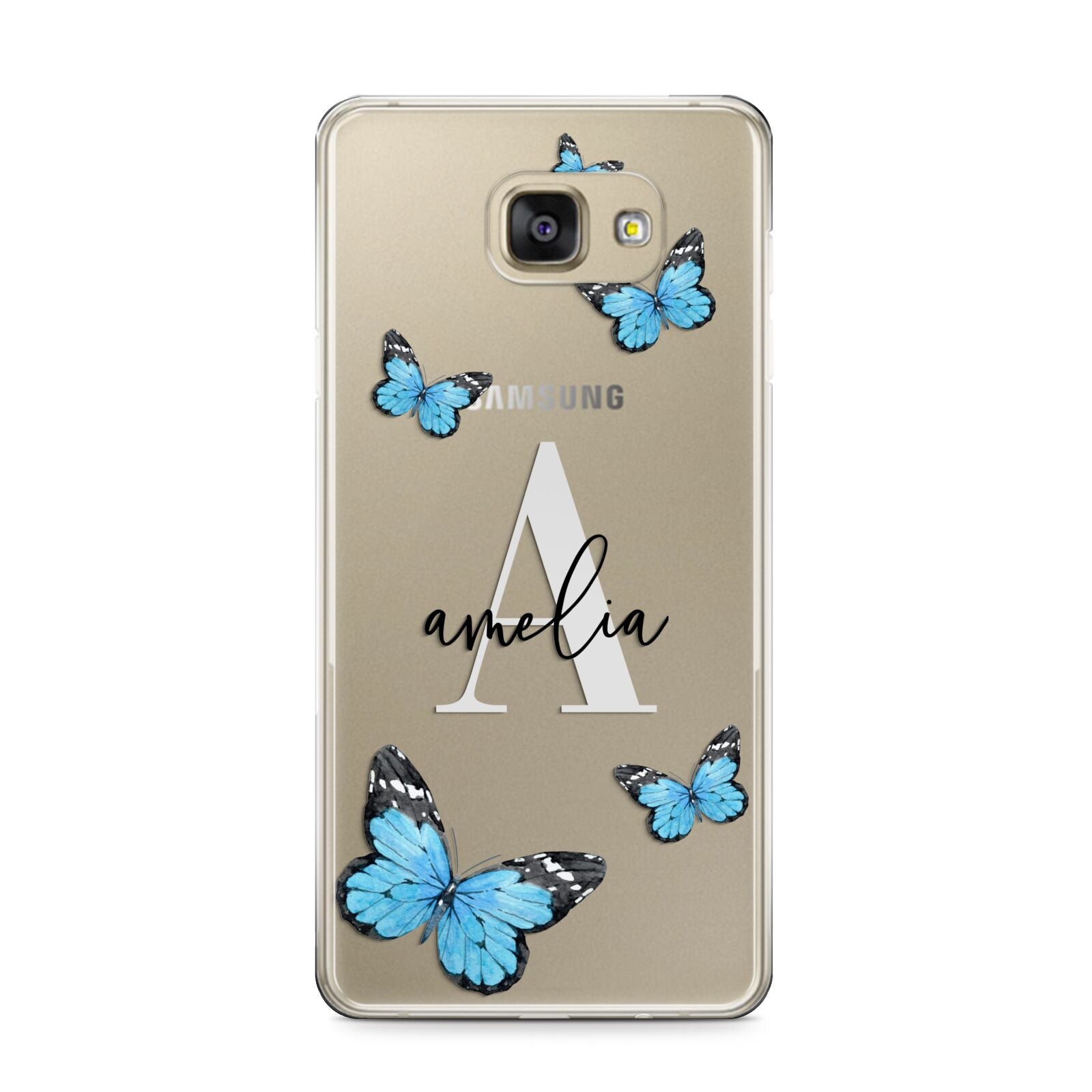 Blue Butterflies with Initial and Name Samsung Galaxy A9 2016 Case on gold phone