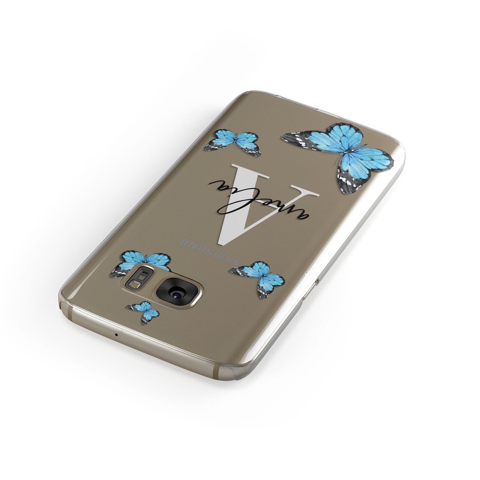 Blue Butterflies with Initial and Name Samsung Galaxy Case Front Close Up