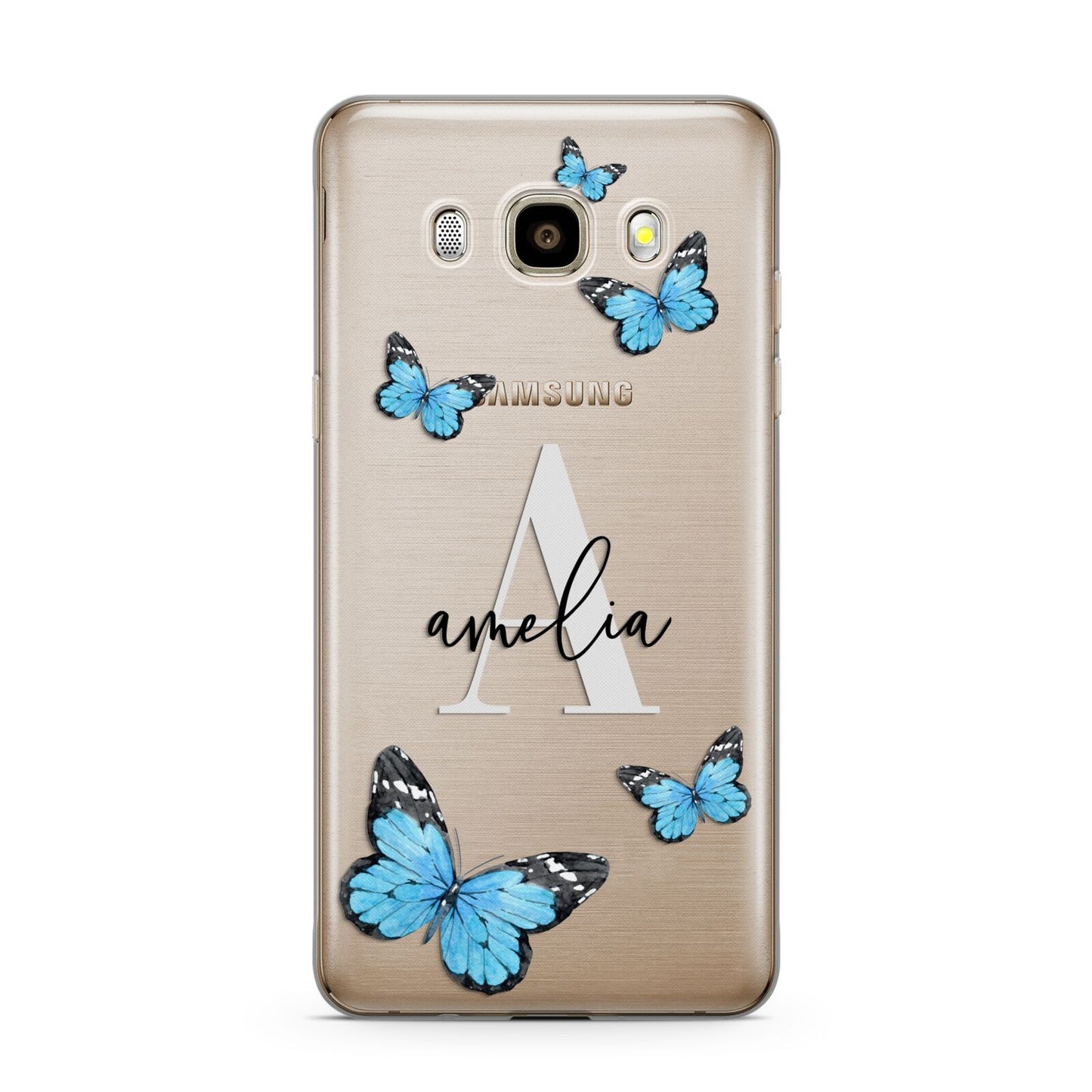 Blue Butterflies with Initial and Name Samsung Galaxy J7 2016 Case on gold phone