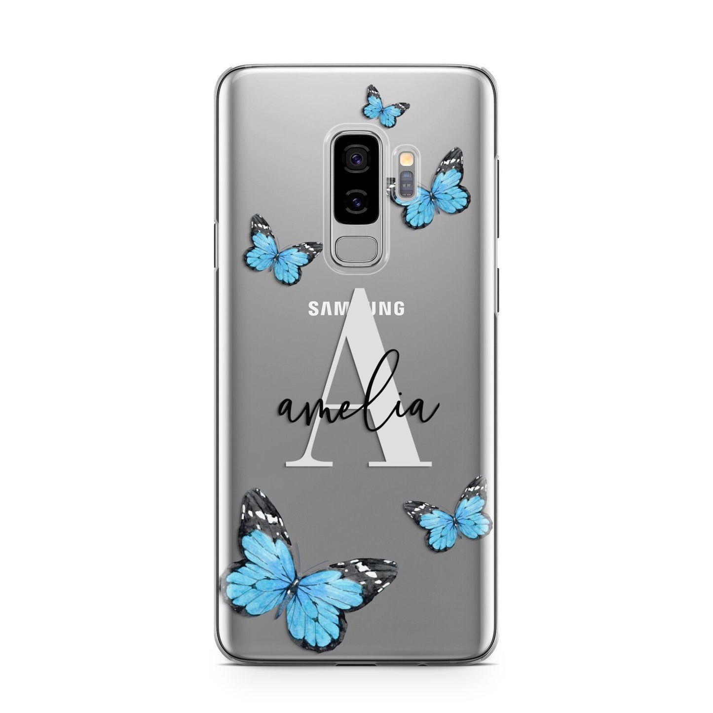 Blue Butterflies with Initial and Name Samsung Galaxy S9 Plus Case on Silver phone