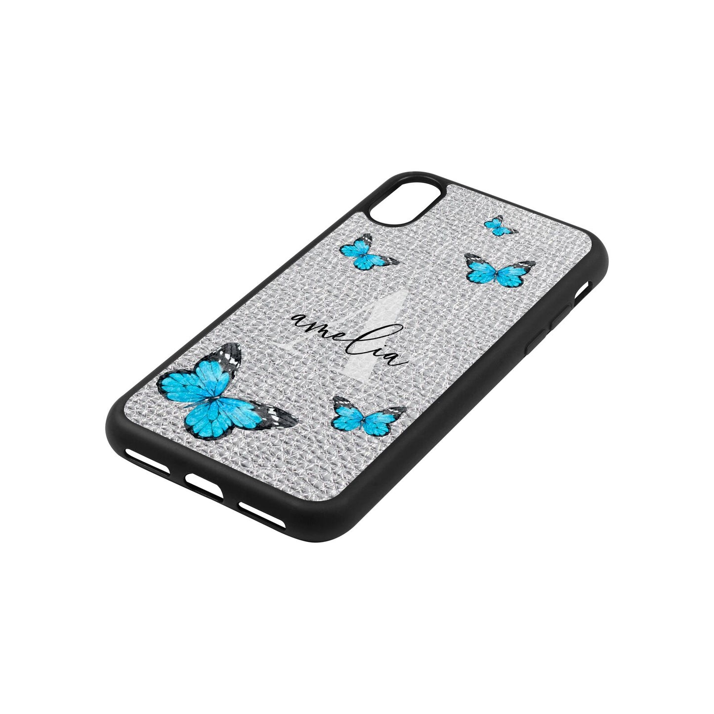 Blue Butterflies with Initial and Name Silver Gold Pebble Leather iPhone Xs Case Side Angle