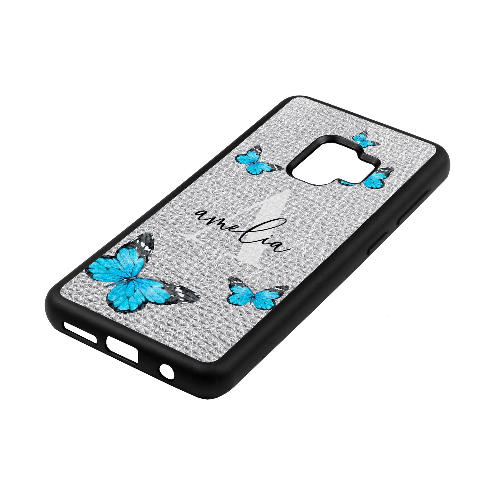 Blue Butterflies with Initial and Name Silver Pebble Leather Samsung S9 Case Side Angle