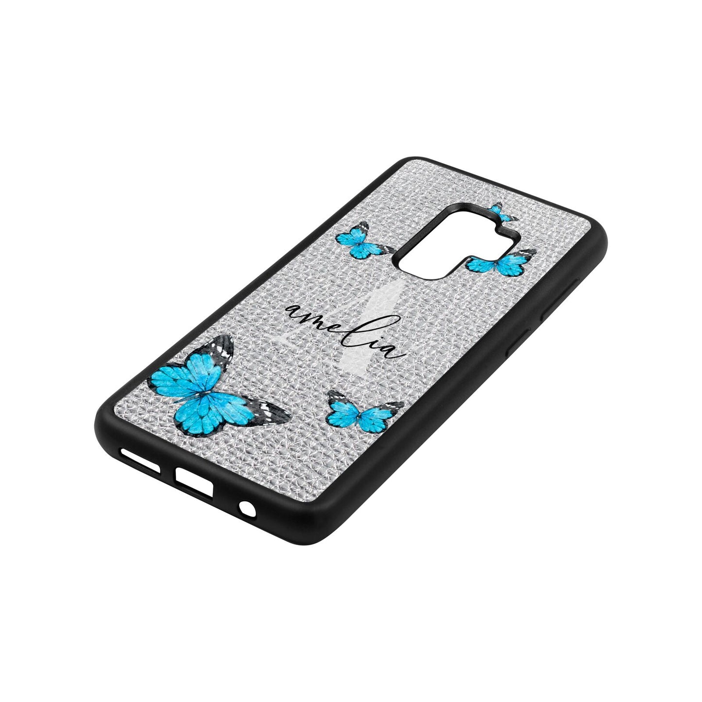 Blue Butterflies with Initial and Name Silver Pebble Leather Samsung S9 Plus Case Side Angle