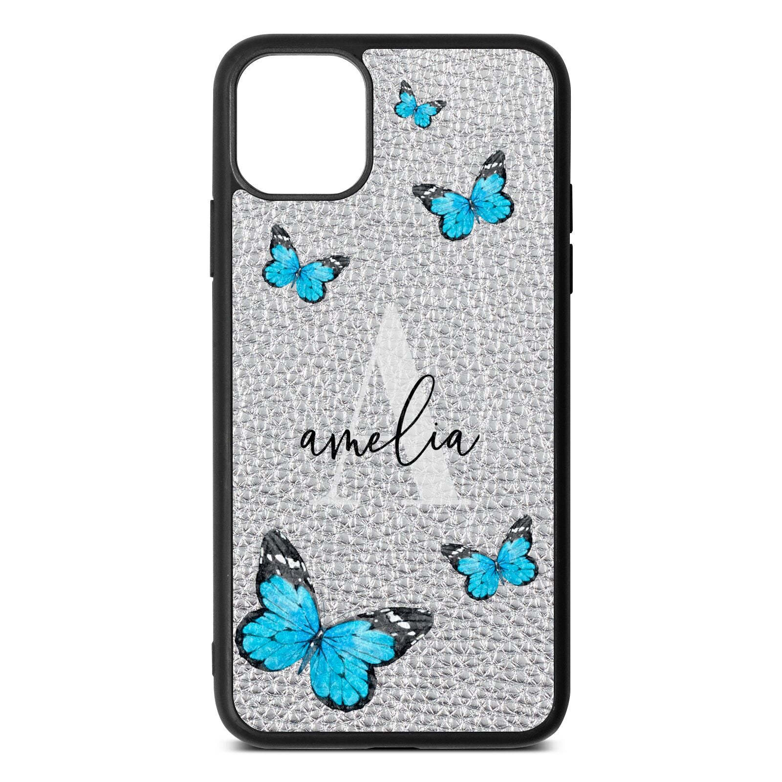 Blue Butterflies with Initial and Name Silver Pebble Leather iPhone 11 Pro Max Case