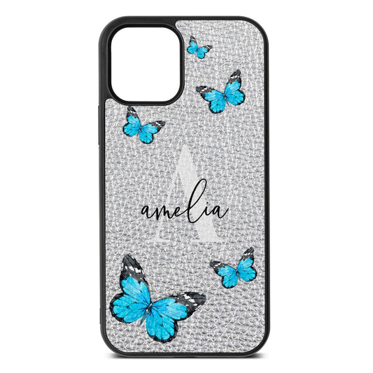 Blue Butterflies with Initial and Name Silver Pebble Leather iPhone 12 Case