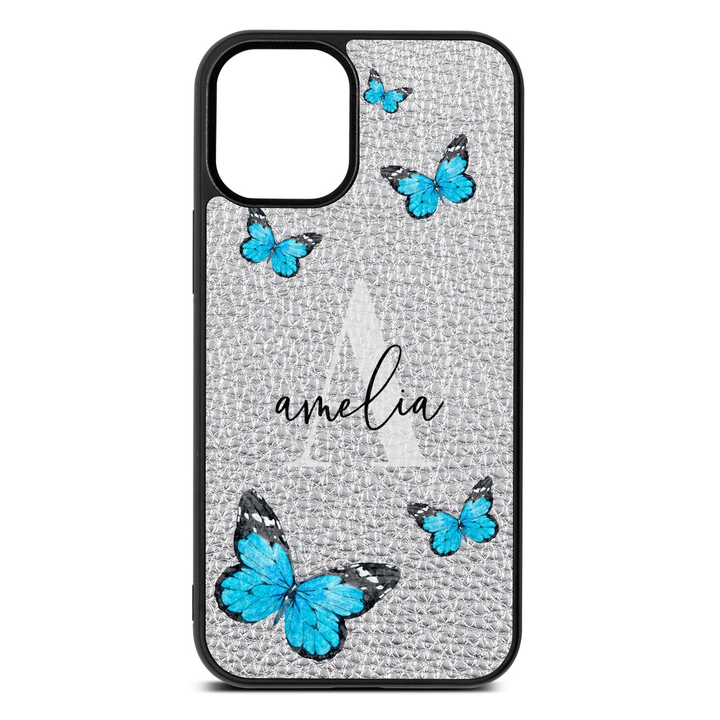 Blue Butterflies with Initial and Name Silver Pebble Leather iPhone 12 Mini Case