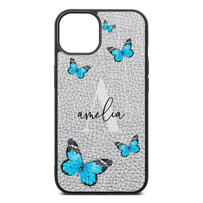 Blue Butterflies with Initial and Name Silver Pebble Leather iPhone 13 Case